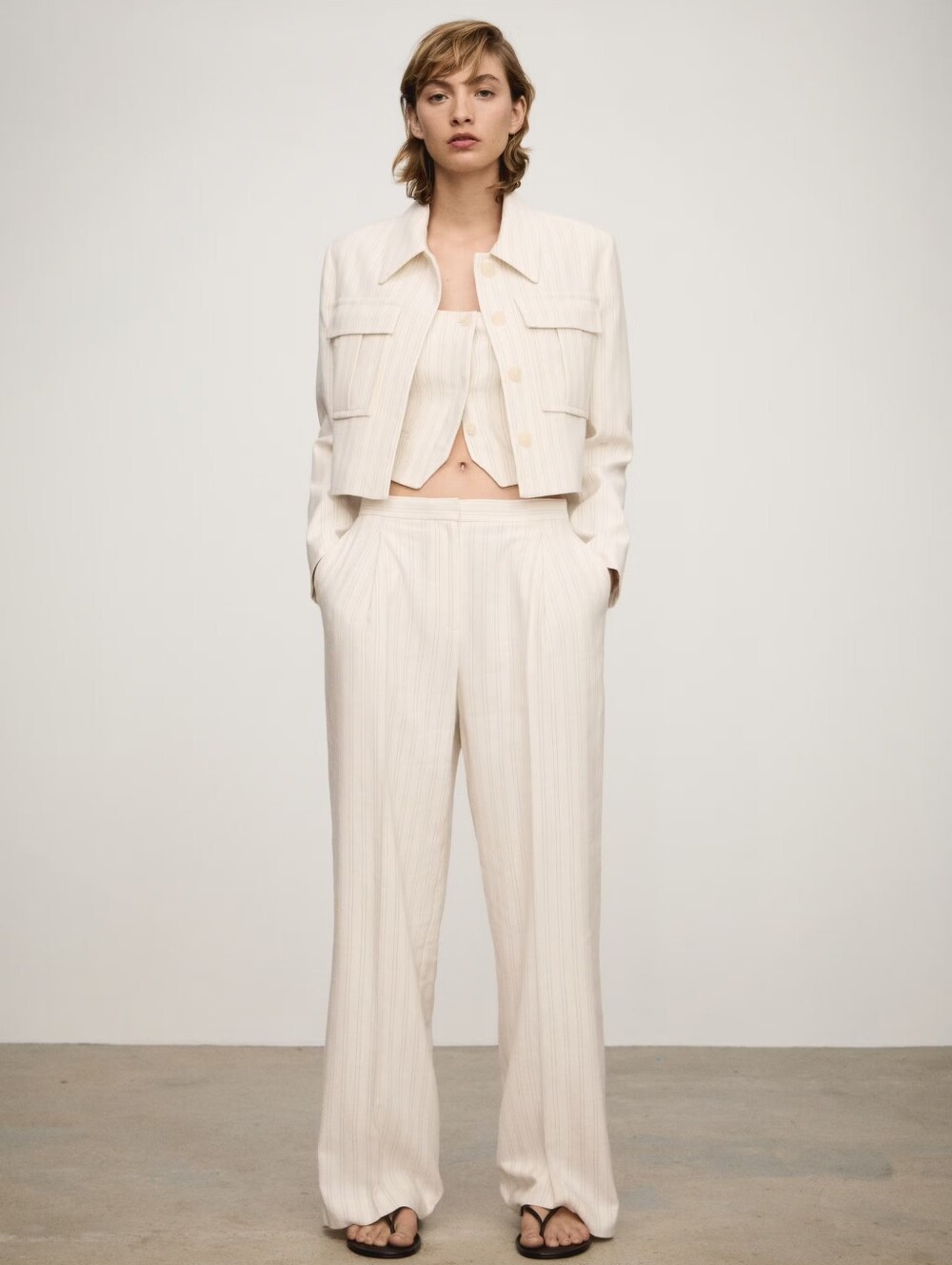 Mango 3 Piece Set Jacket And Vest And Cream Wide-Leg High-Waist Pants